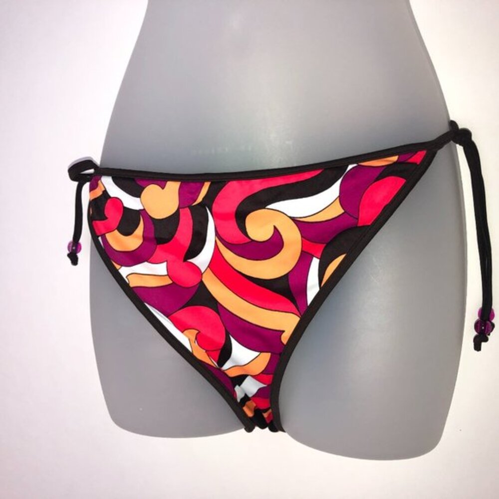 Freya Bikini Strappy‎ Swim Bottoms Black Red Swirls Medium NWT